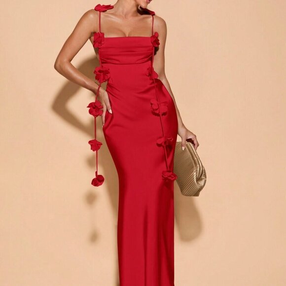 Red Elegant Womens Floral Backless Spaghetti Strap Draped Neck maxi Dress - Picture 5 of 5